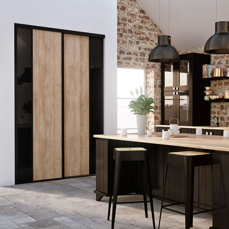 FACADE-DE-PLACARD-COULISSANTE-2-PORTES-DECOR-CHENE-BLOND-VERRE-LAQUE-NOIR